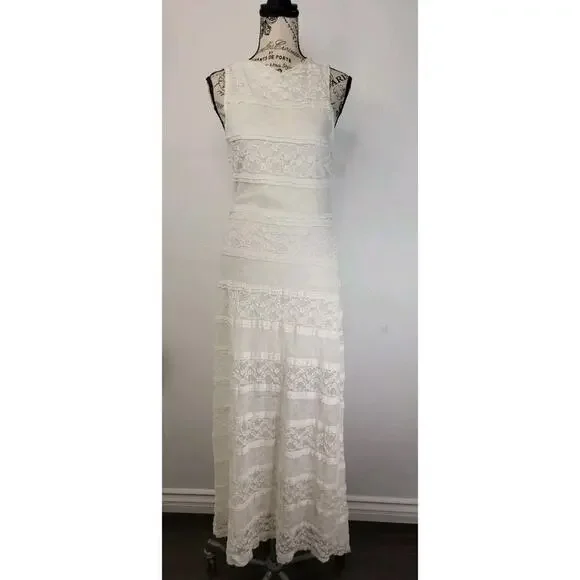Manito USA Slip Maxi Dress Sz XS/S Ivory Lace Mesh Semi Sheer Whimsycal - Picture 2 of 8